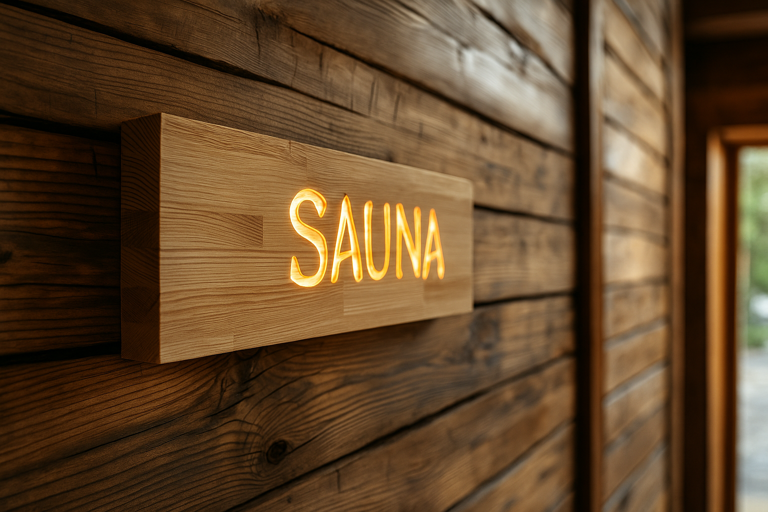 Wooden sauna cabin by a forest lake in the evening with warm light inside